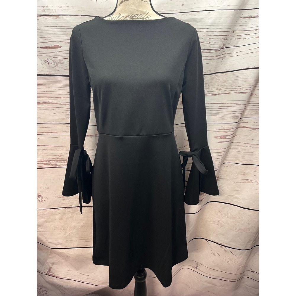 Ann Taylor Petite 10P Black Bell Sleeve Tie Fit and Flare Dress Boat Neck Crepe